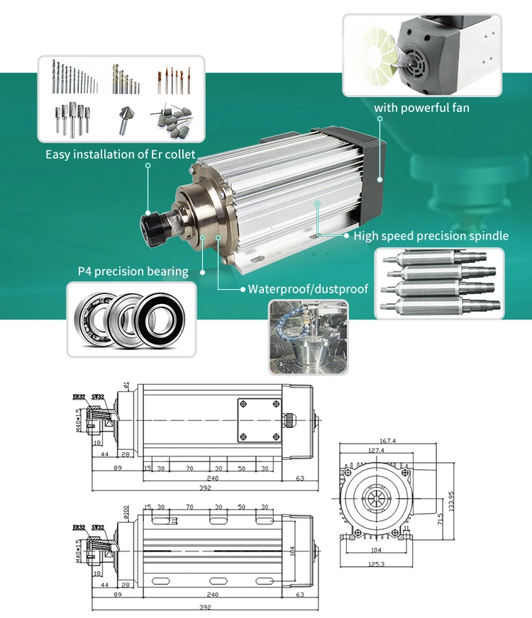 Air Cooled Three-Phase CNC Milling Electric Spindle Motor with 3kw Er32 3000rpm